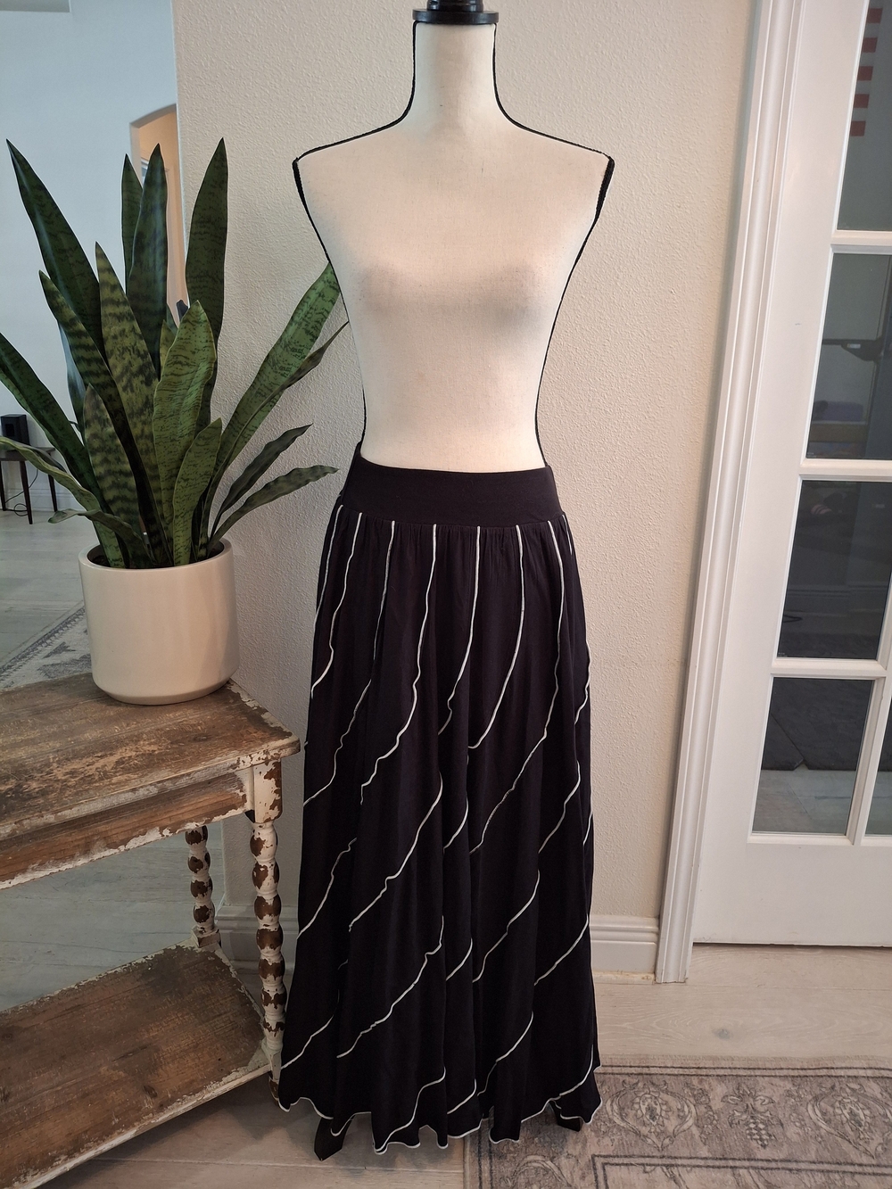 Soft Surroundings Black Maxi Skirt with White Diagonal Trim
